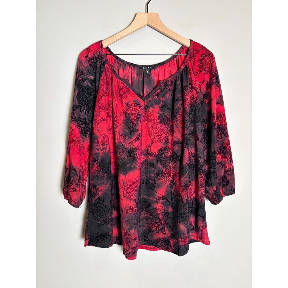 Sami & Jo Red Black Tie-Dye 3/4 Sleeve Velvet Burnout Goth Witchy Top Sz XL